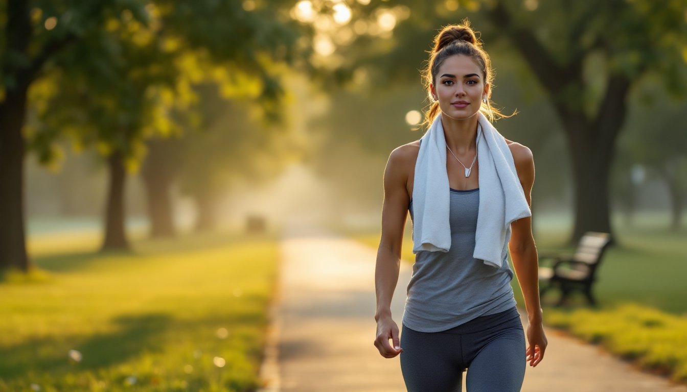 A woman in athletic wear walks slowly along a sunlit park path after exercise.