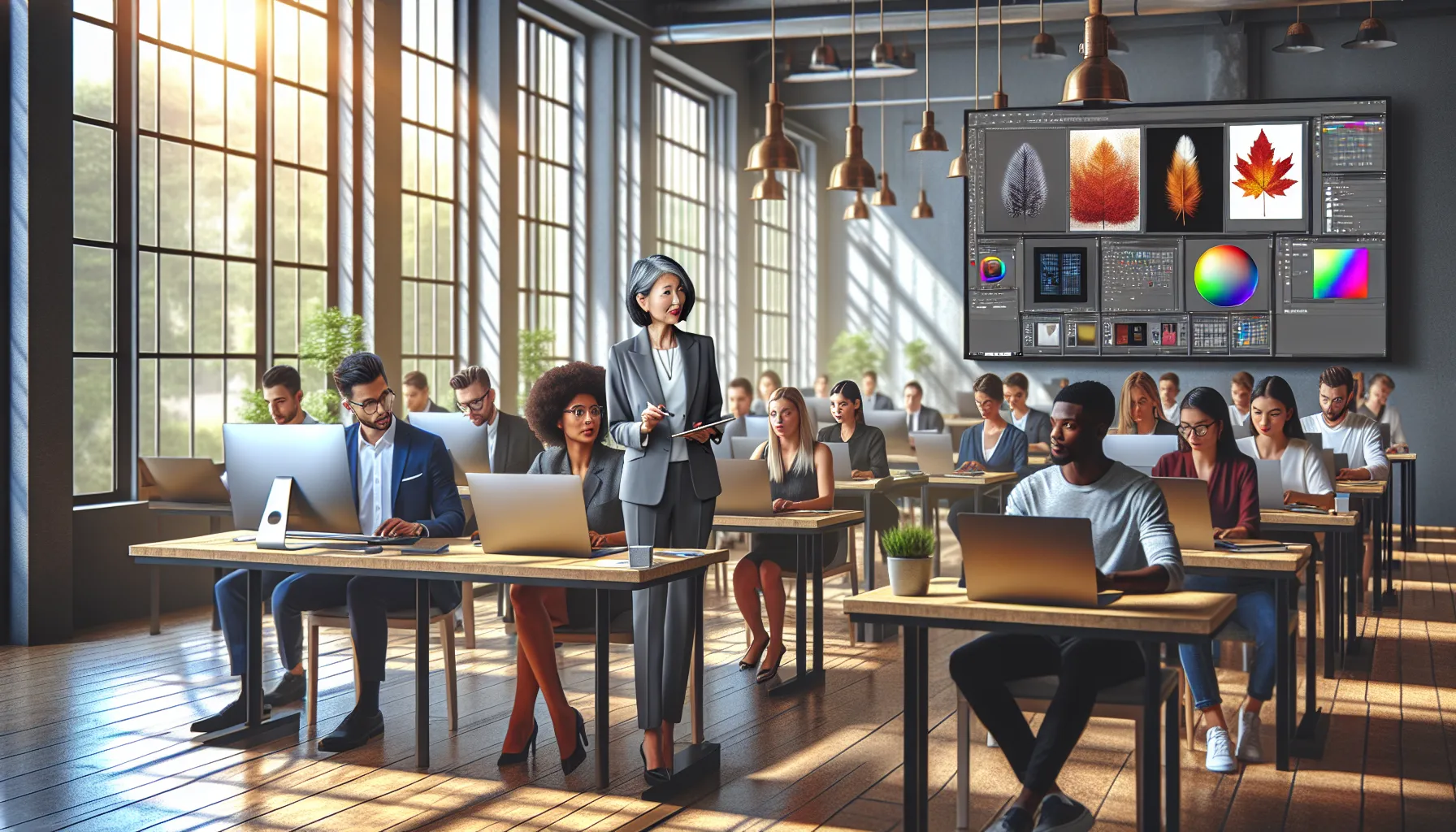 diverse group learning Photoshop in a modern classroom.