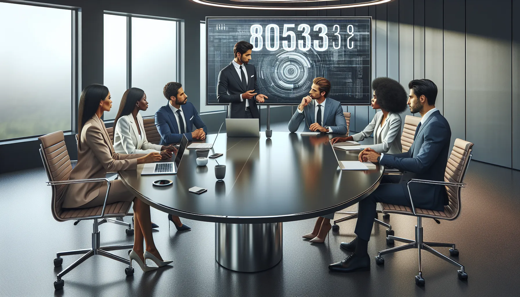 diverse team discussing a hotline number in a modern office.