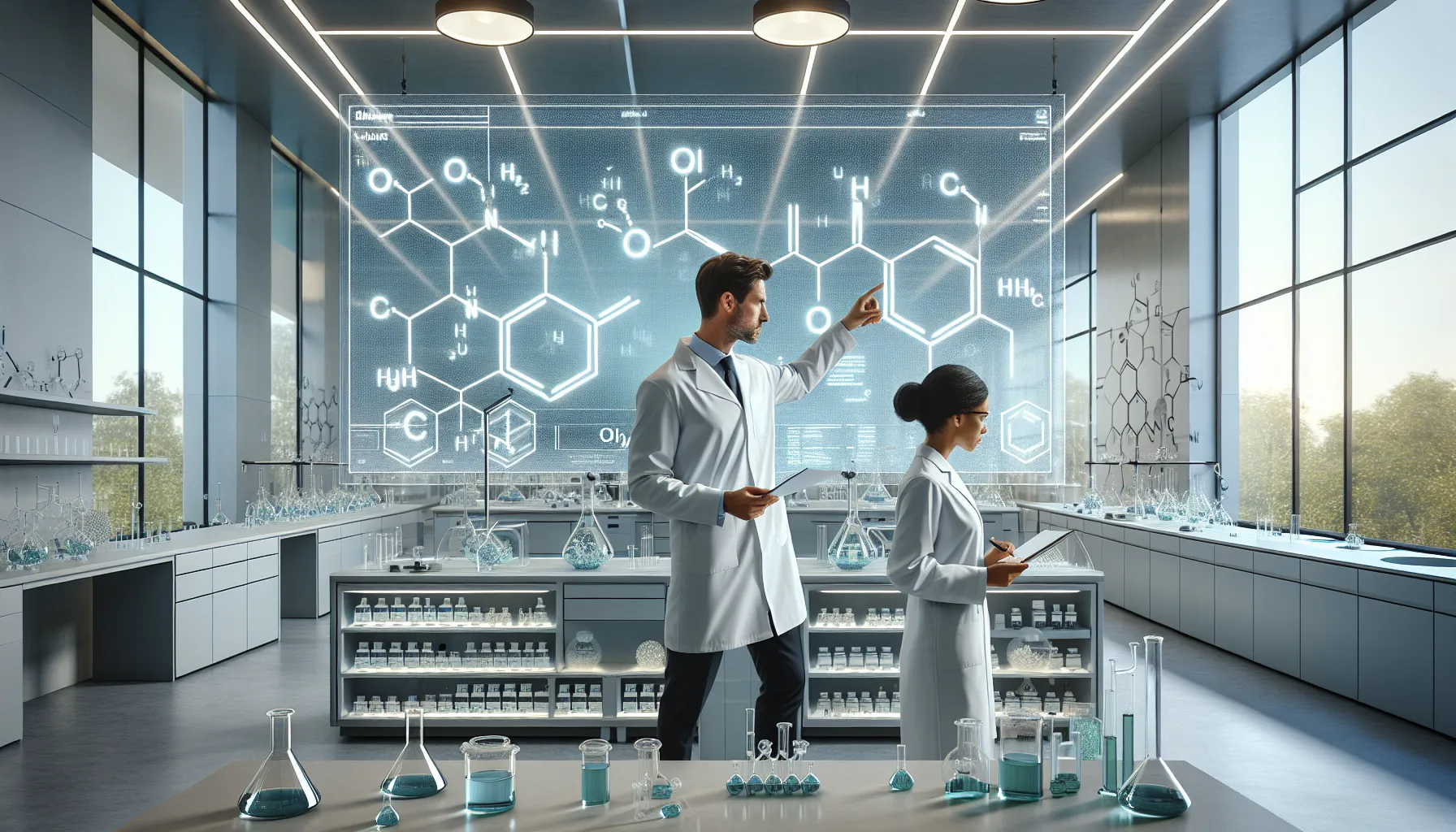 diverse team analyzing melamine's molecular structure in a modern lab.