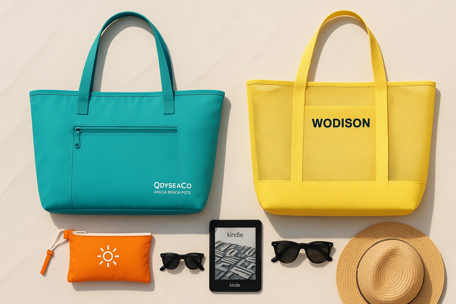 Colorful waterproof beach bags with accessories on white sand.