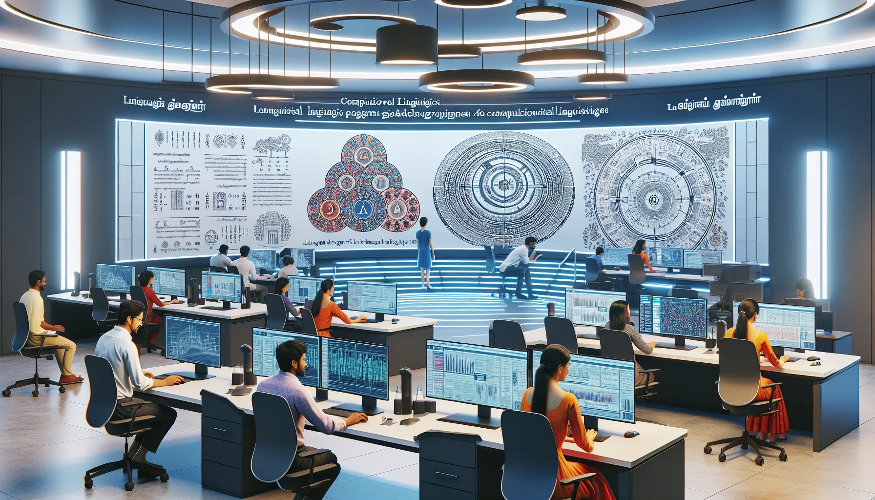 A digital display analyzing Tamil and Sanskrit languages in a research lab.