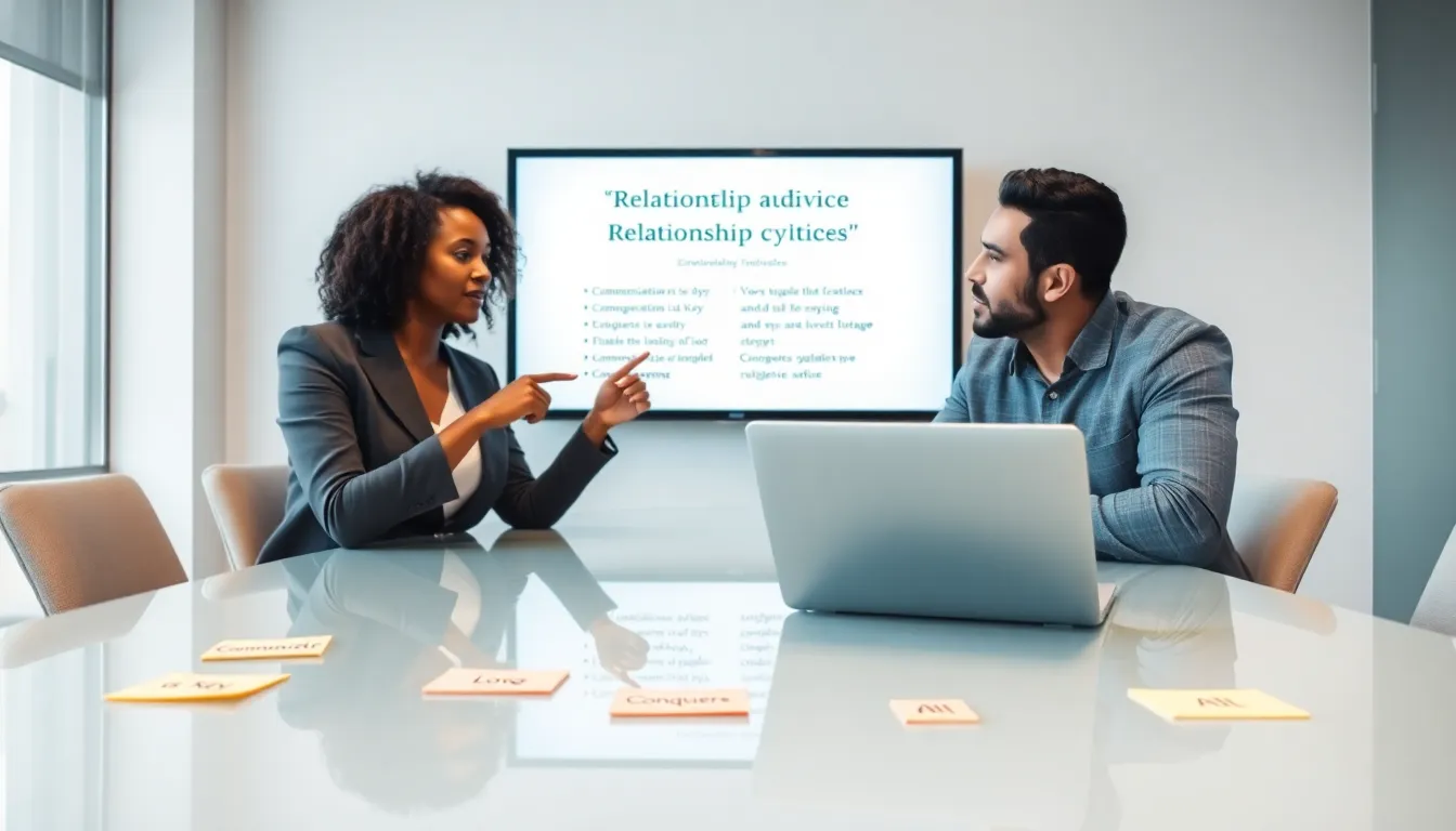 Professionals discussing clichés in relationship advice in a modern office.