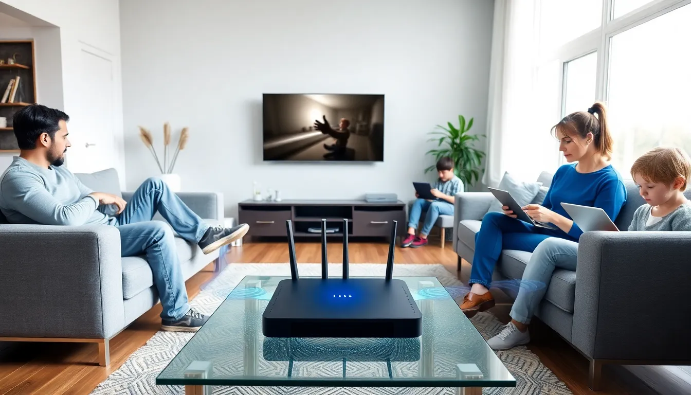 family using home network in a modern living room.