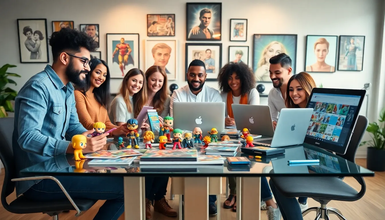 diverse team discussing pop culture collectibles in a modern office.