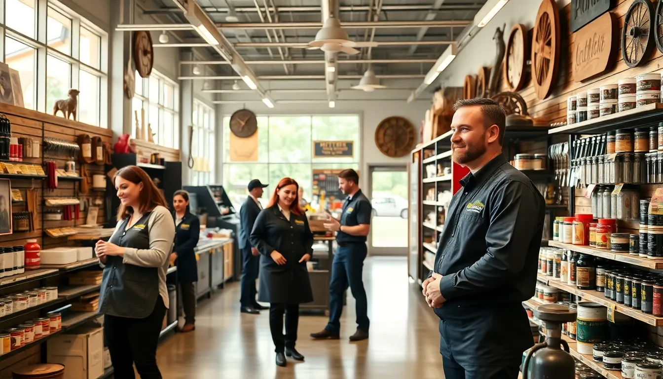 diverse staff assisting customers at a modern hardware store.