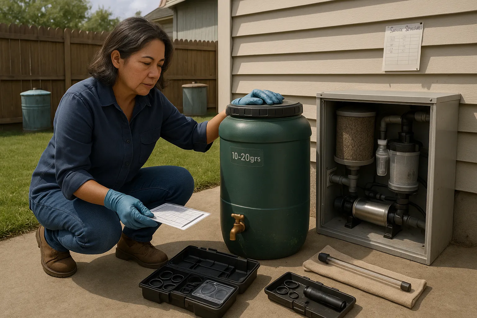 Homeowner inspecting a water butt and open greywater system in a backyard.