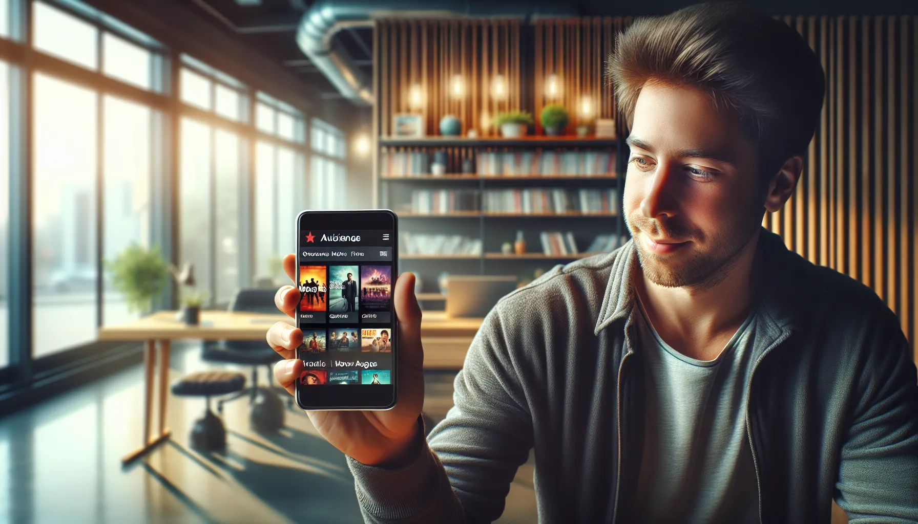 person browsing www.filmy4wap.com on a smartphone in a modern home office.