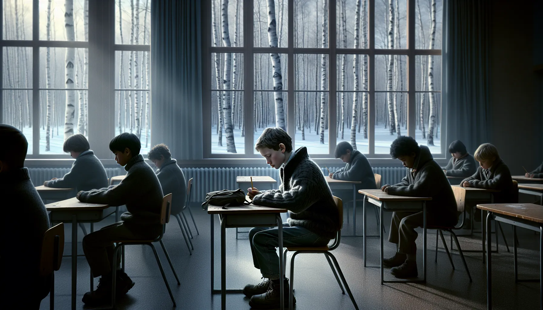 An anxious child sits apart while classmates collaborate on a group task.