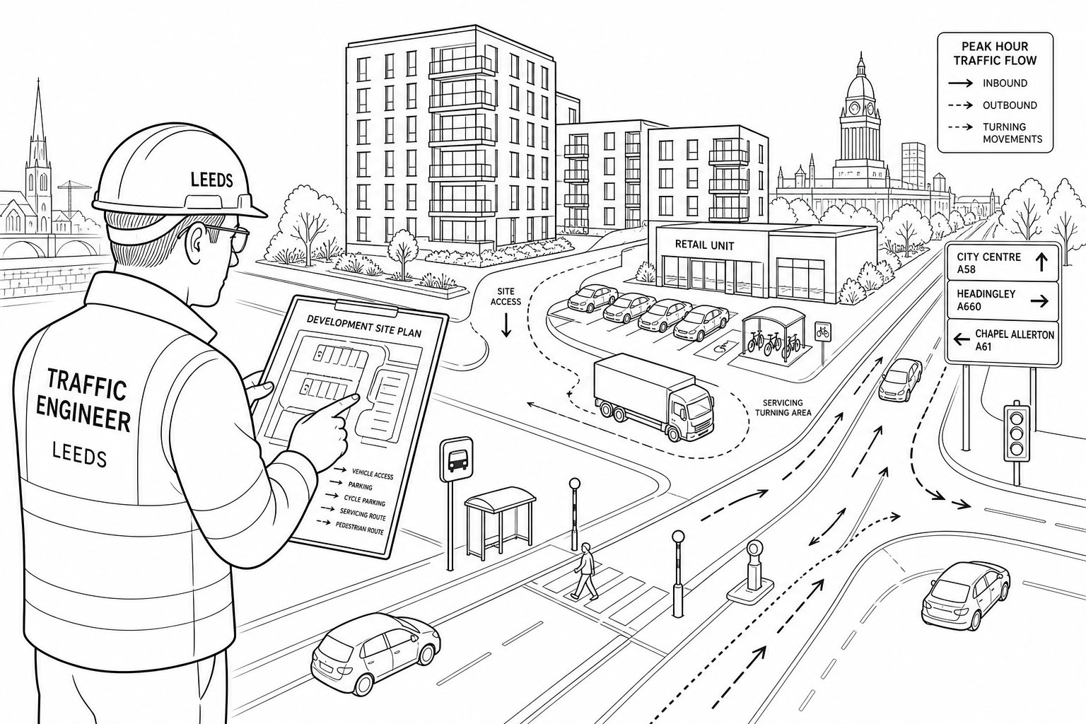 Traffic engineer assessing access and traffic flow for a Leeds development site.