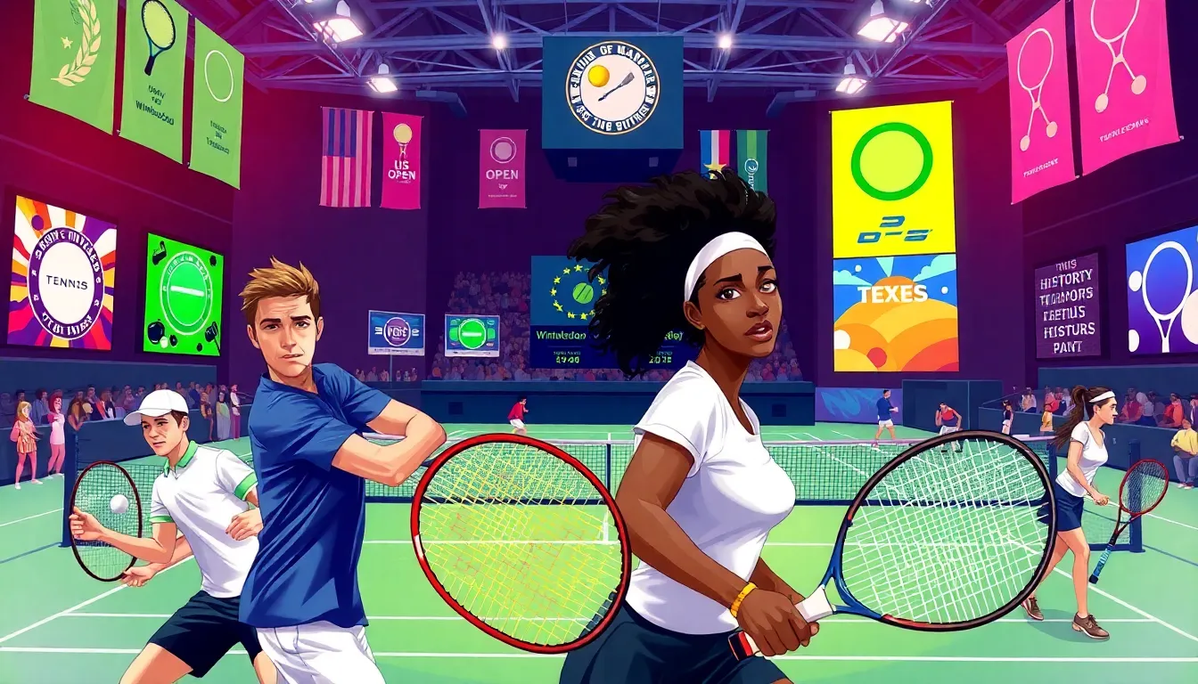 diverse tennis players on a modern court, showcasing the sport's history and evolution.