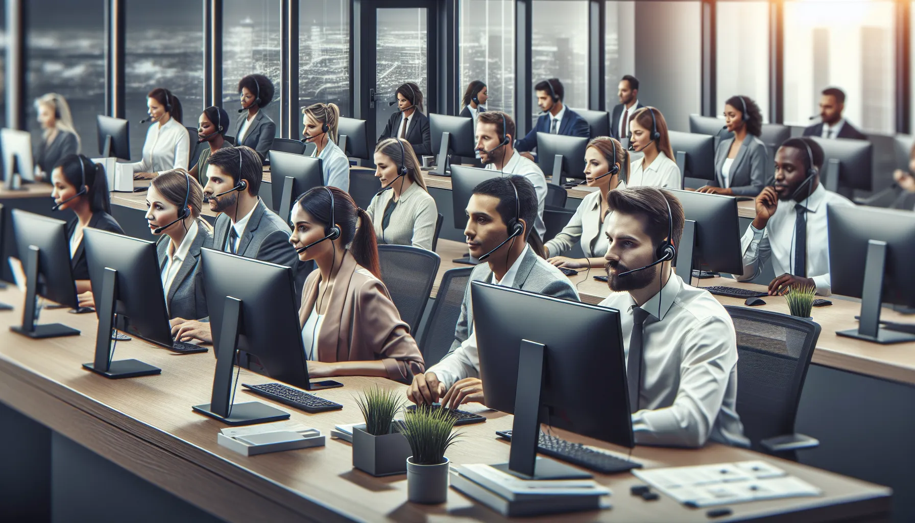 diverse customer service team in a modern call center.