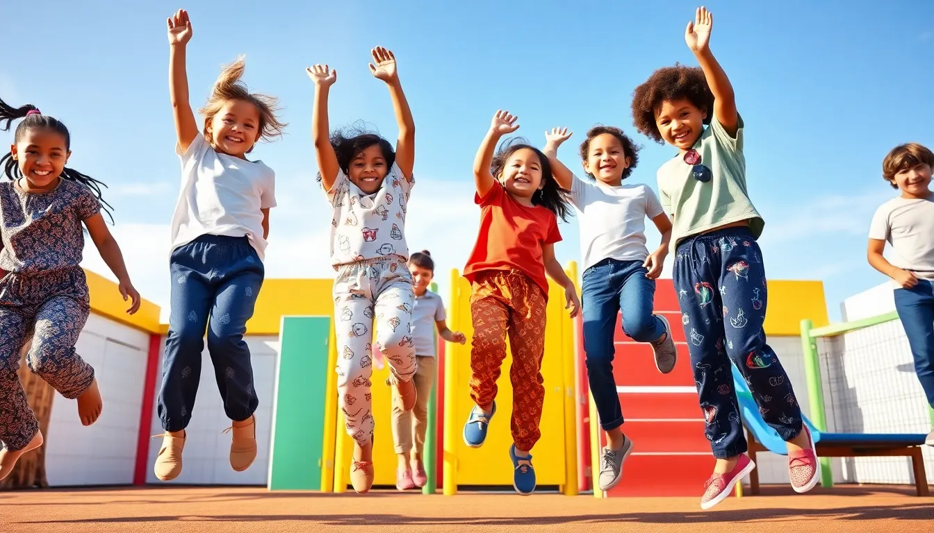 kids playing in stylish, comfortable clothing in a vibrant playground.
