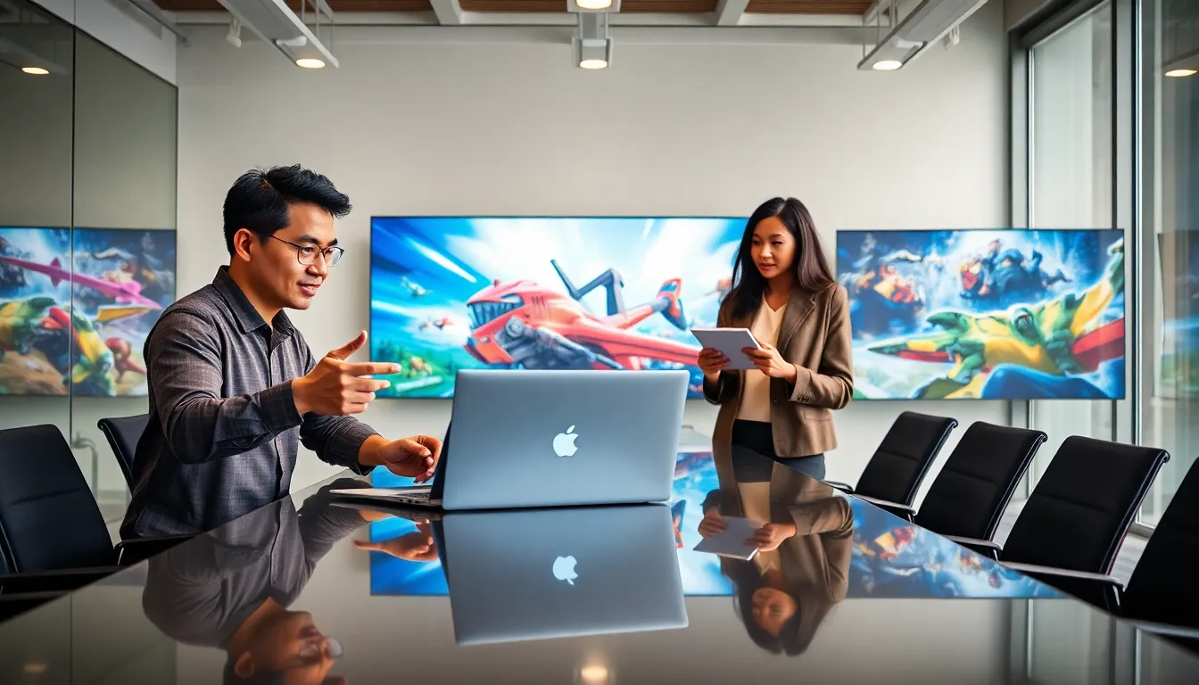 diverse team collaborating in a modern gaming office.