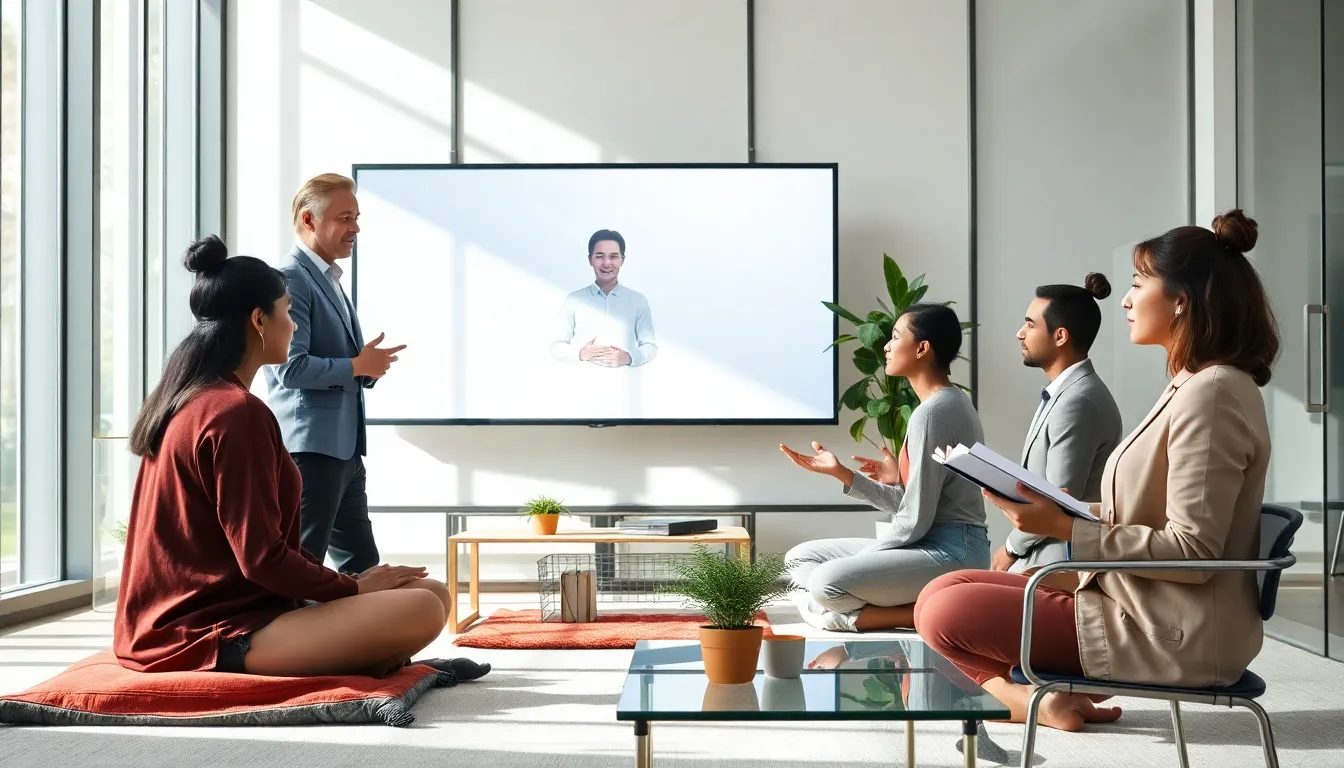diverse team practicing mindfulness in a modern office.