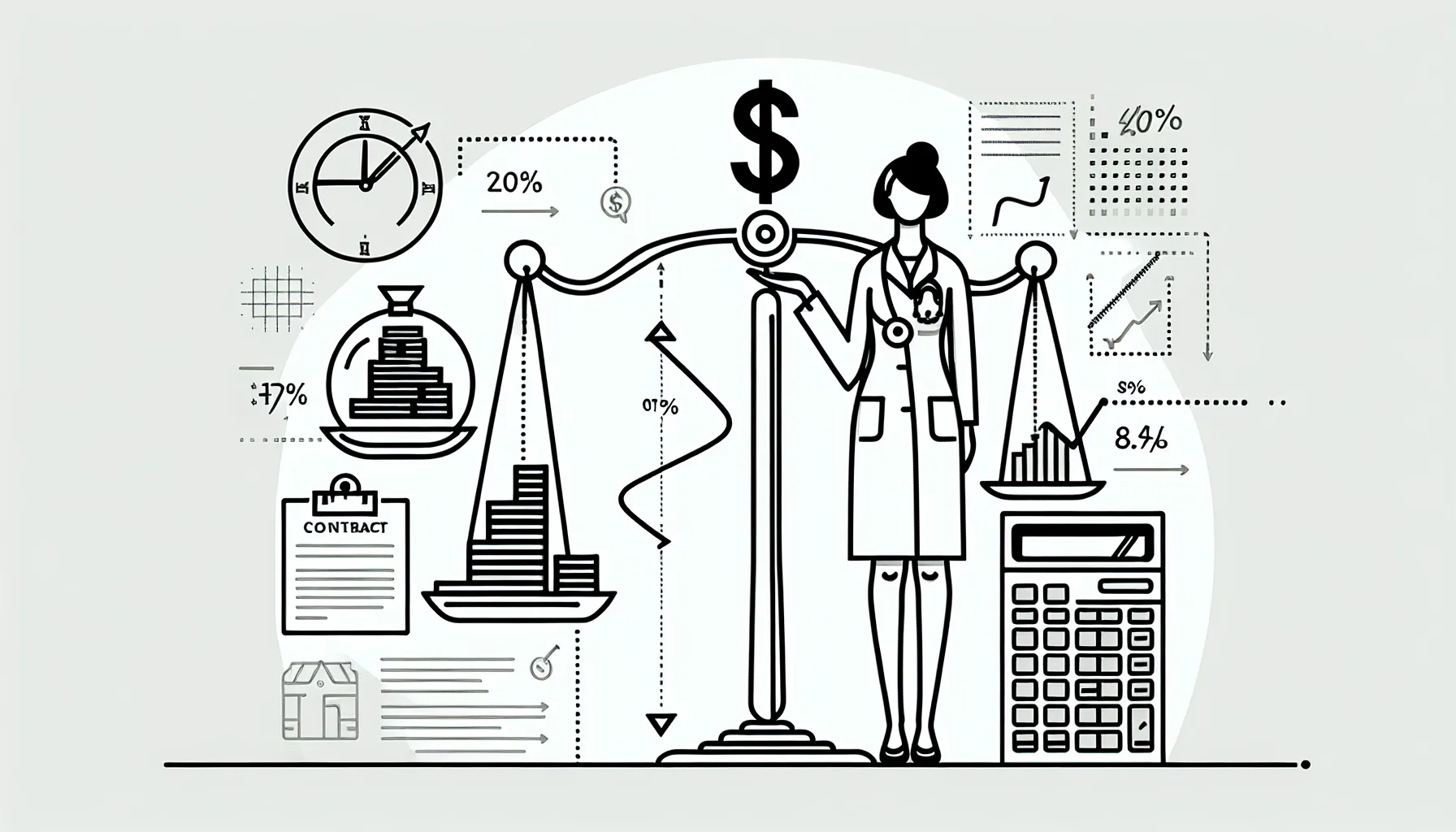 Vet gesturing at balance scale comparing base pay and production percentage.