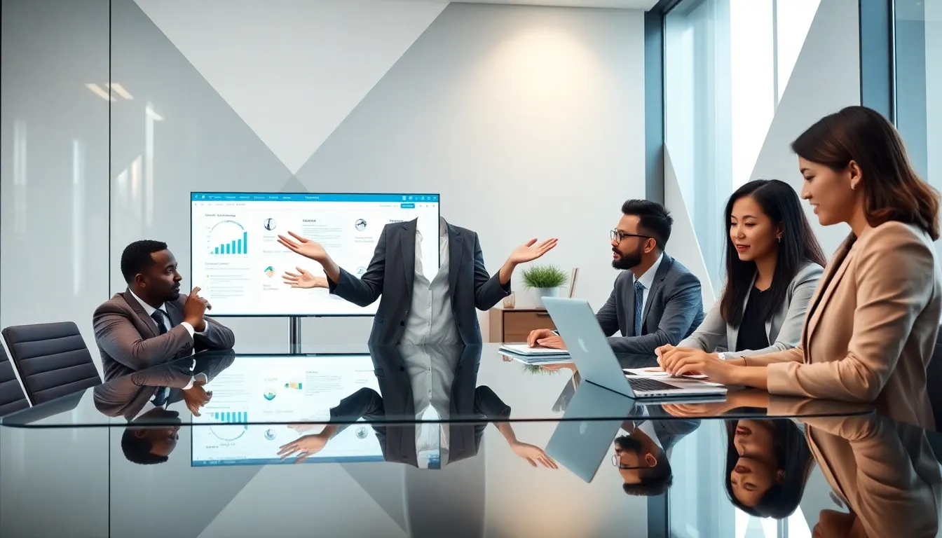diverse team collaborating around a digital display in a modern office.