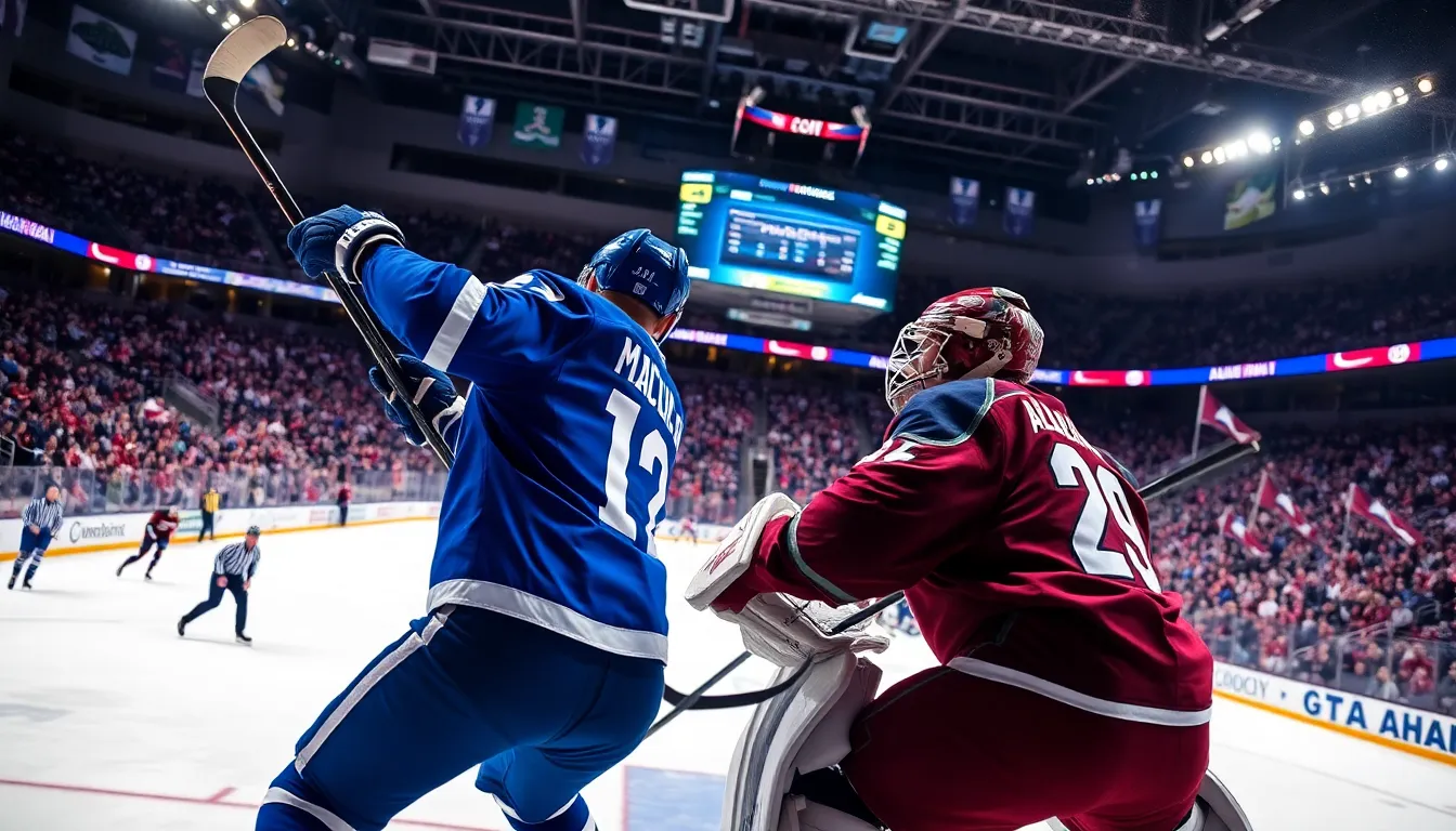 Players from Tampa Bay Lightning and Colorado Avalanche in an intense hockey match.