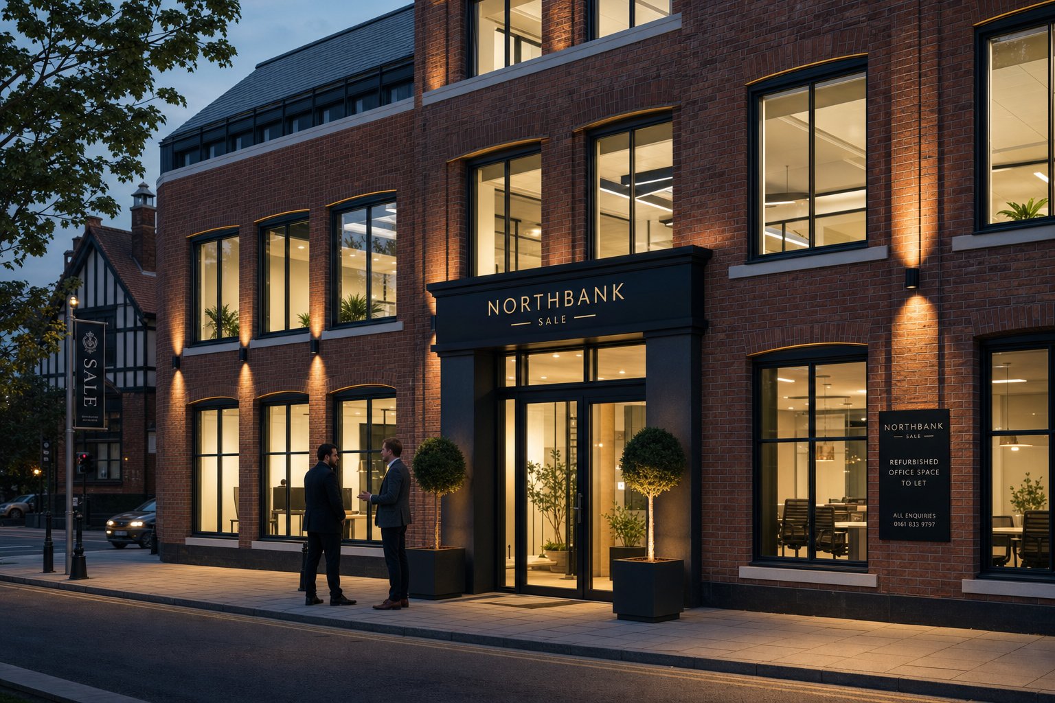Prospective buyer and adviser outside a refurbished office building in Sale during early evening.