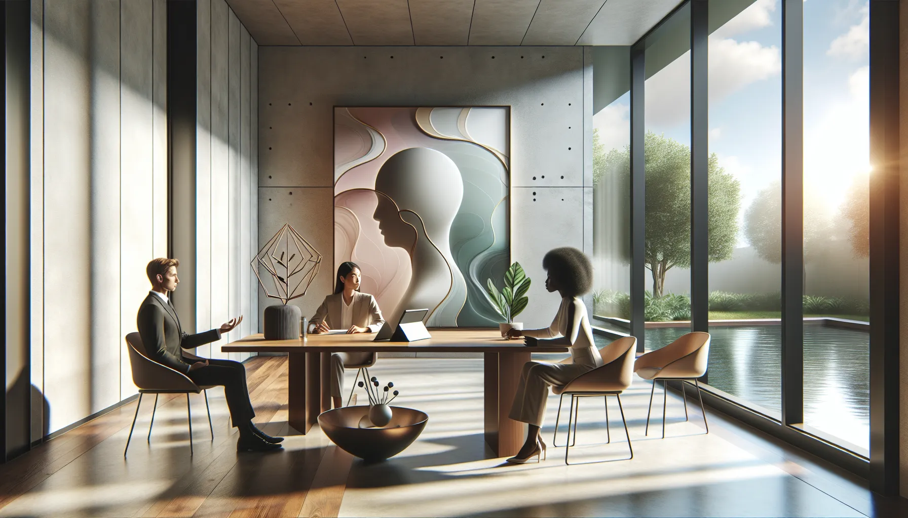 professionals engaging in mindful reflection in a modern workspace.