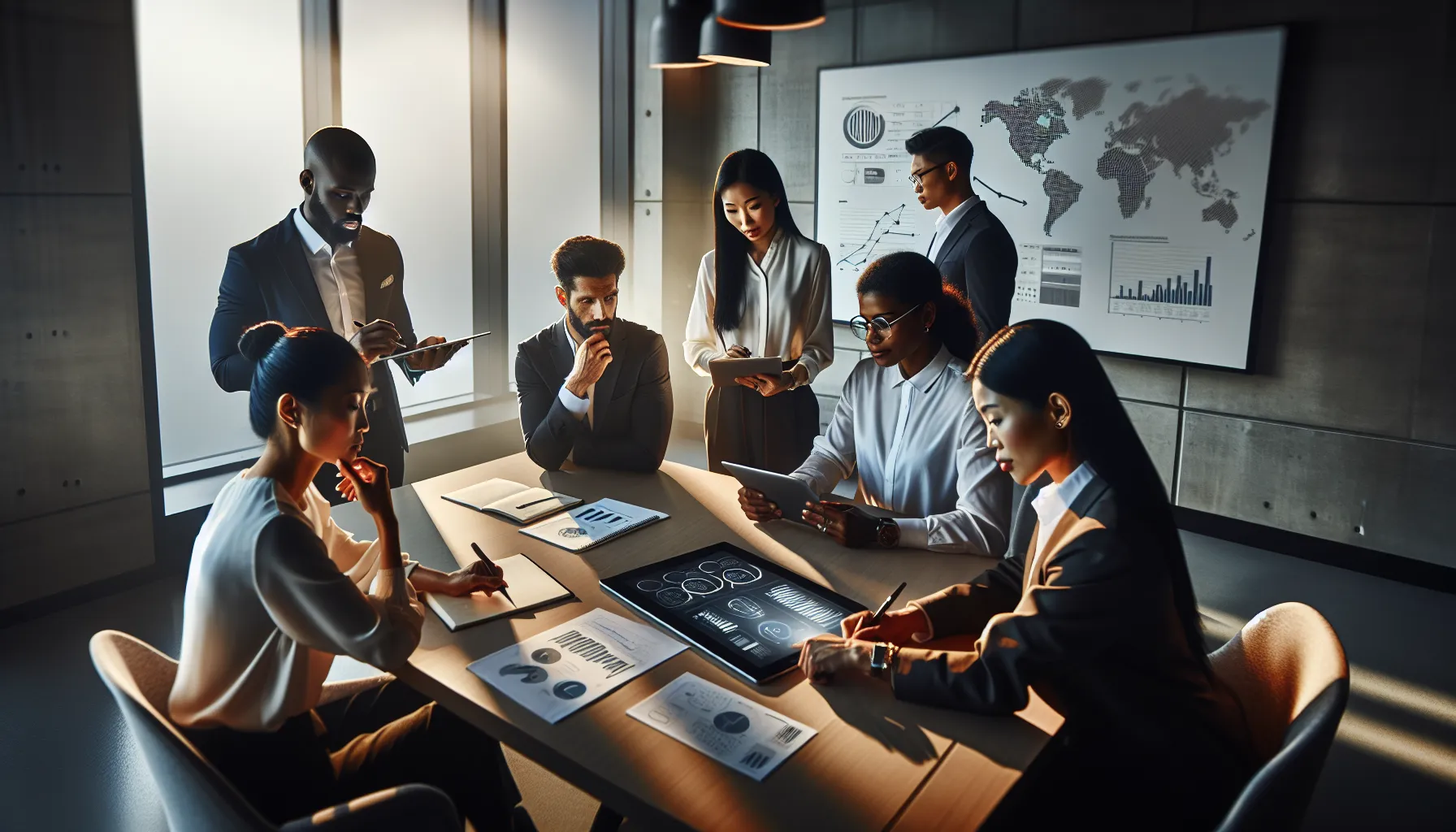 diverse professionals discussing data in a modern office.