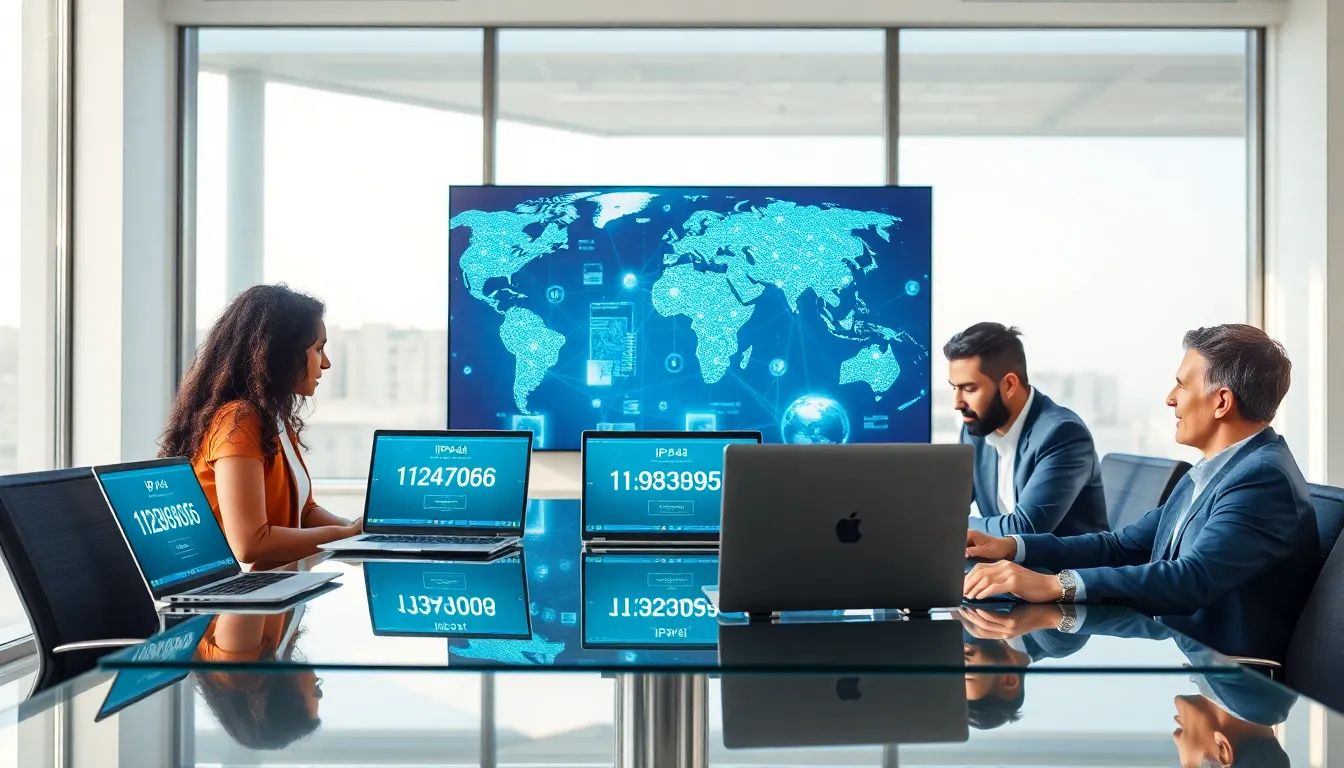 diverse team discussing IP addressing in a modern office.