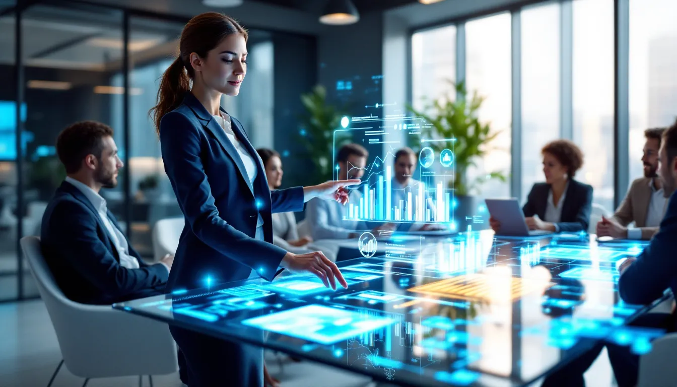 Professionals collaborating with AI-powered dashboards in a modern corporate office setting.