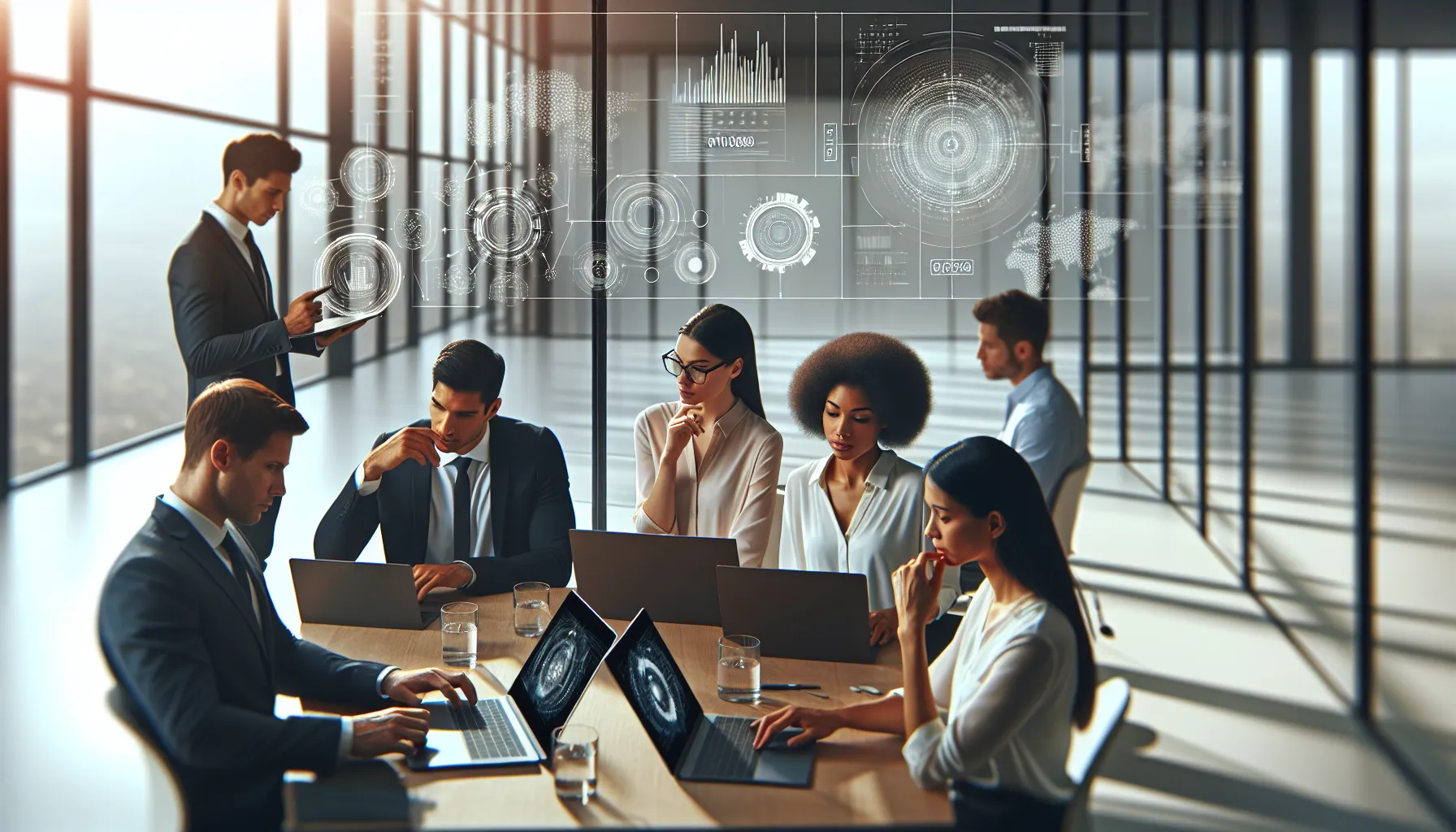 diverse team collaborating in a modern office with laptops and data visualizations.
