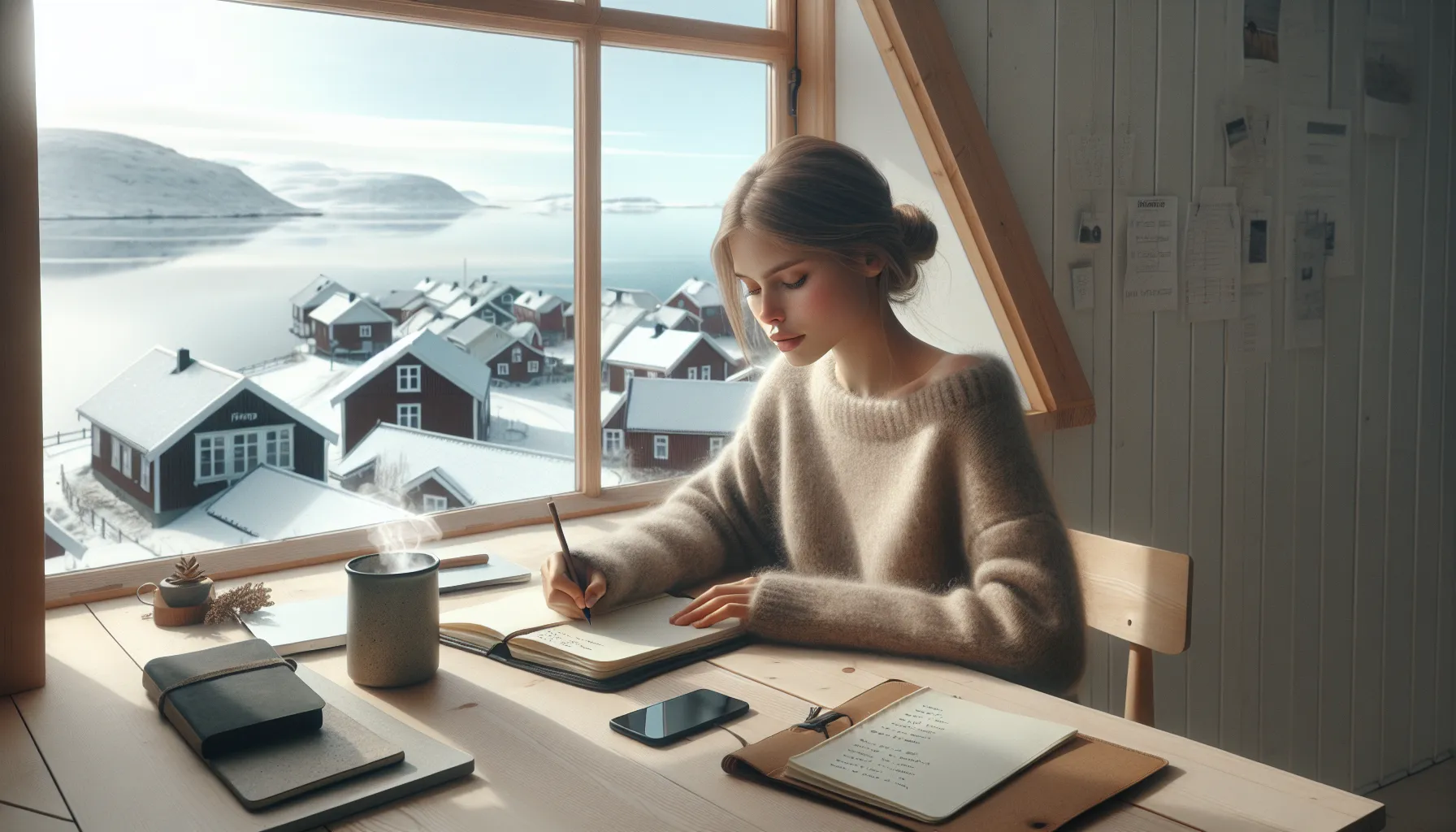 Young norwegian journaling during gap year, calm morning light, work and volunteering cues.