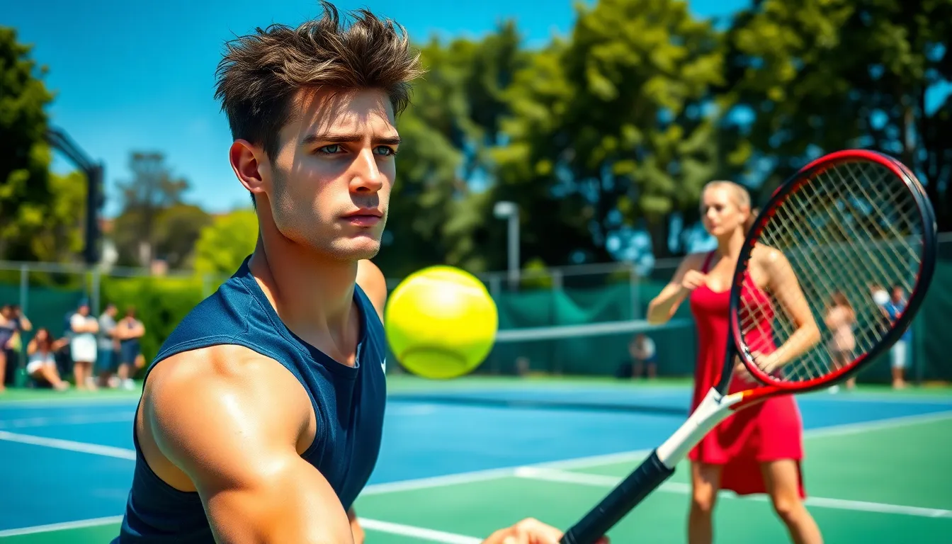 a young male tennis player in action during an intense match on a sunny court.
