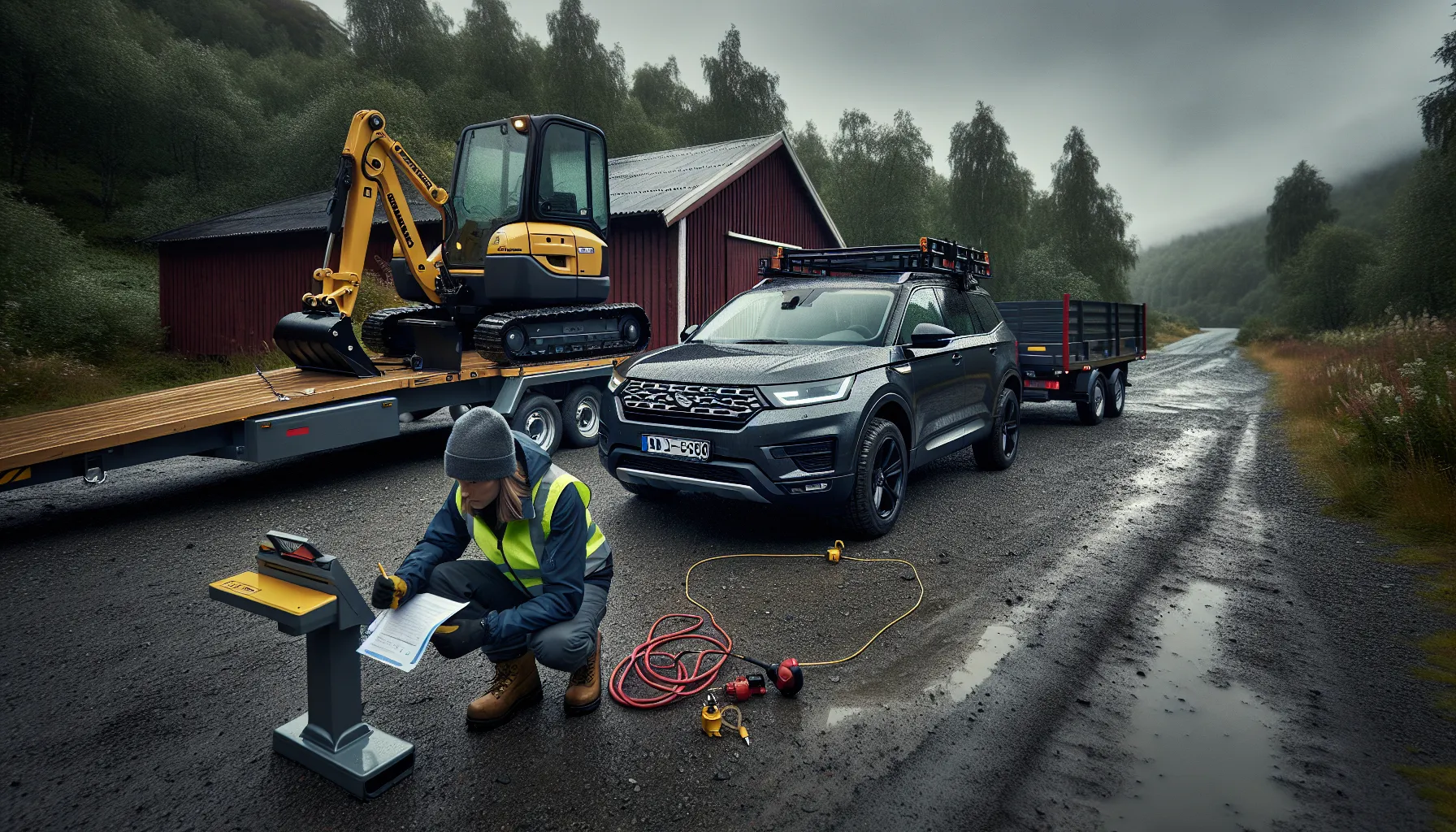 Norwegian driver checks heavy twin-axle trailer hitch and secured load before towing.