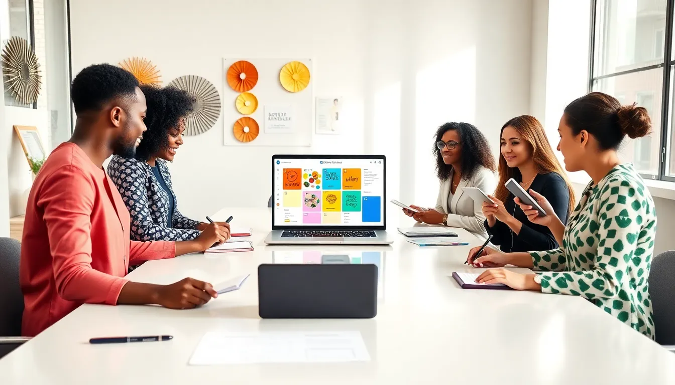 diverse team brainstorming event planning ideas in a modern office.