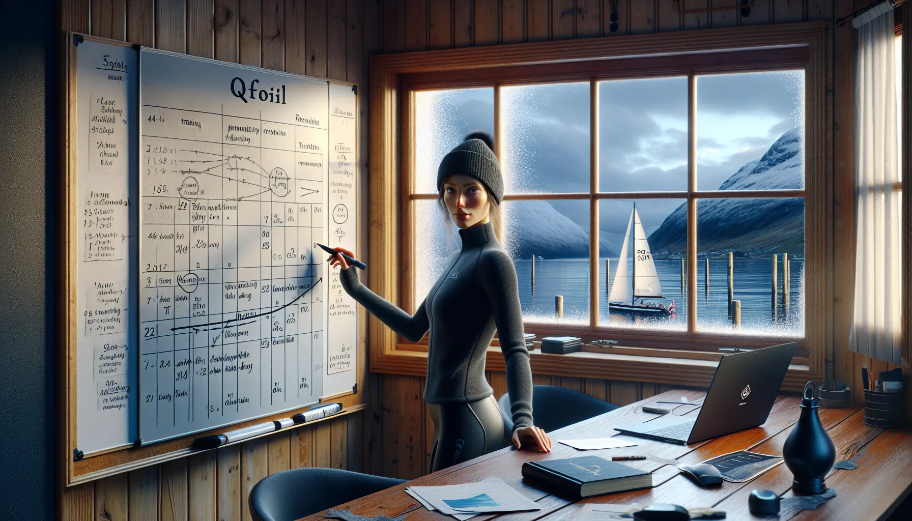 Hvordan trene for å bli en profesjonell seiler 2 Norwegian sailor planning goals and training phases on a whiteboard at marina.