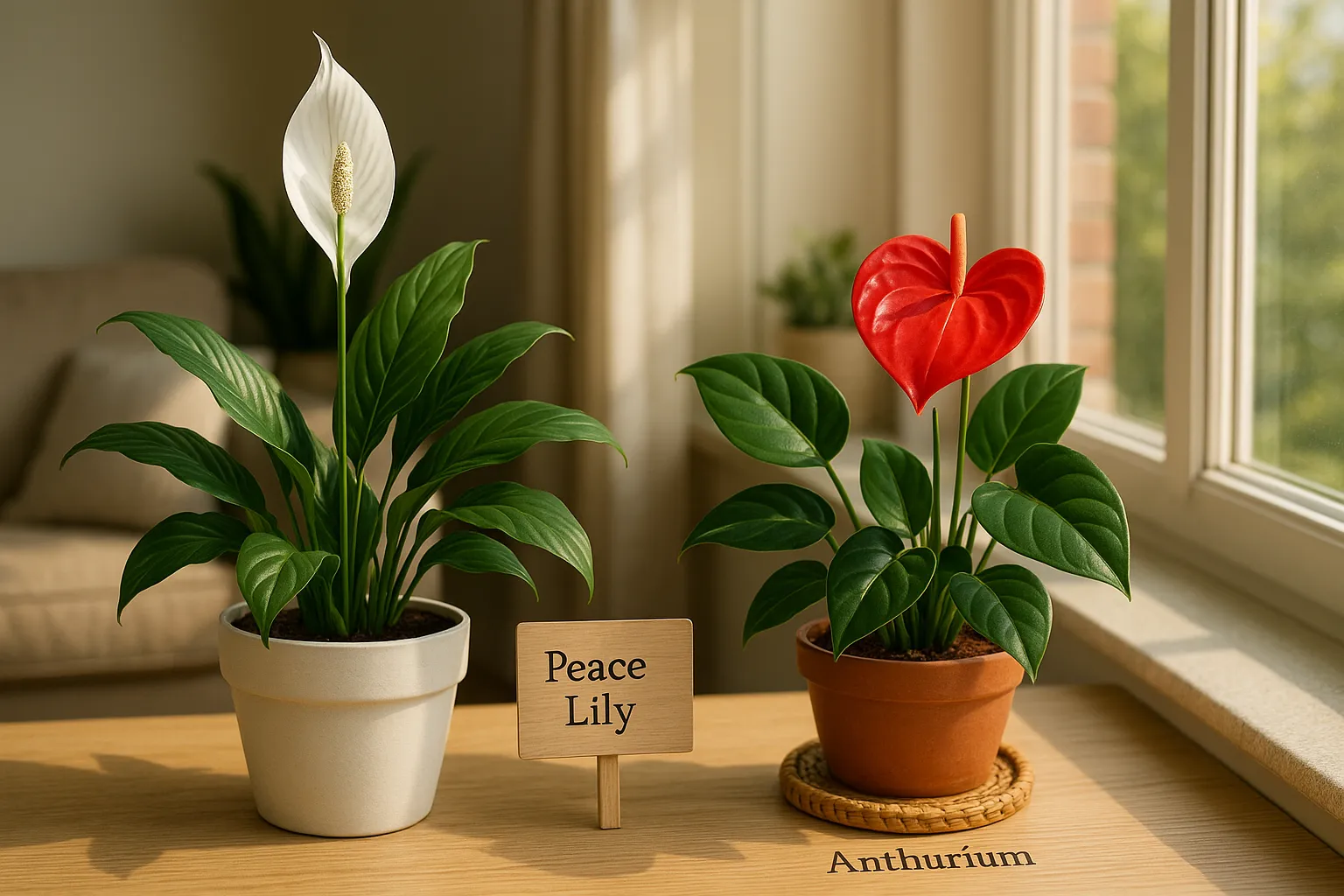 Peace lily and glossy red anthurium side-by-side on a sunny windowsill.