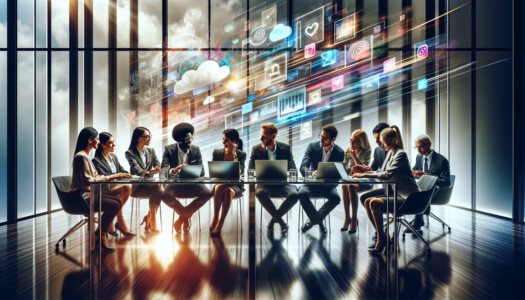 diverse professionals collaborating in a modern digital workspace.