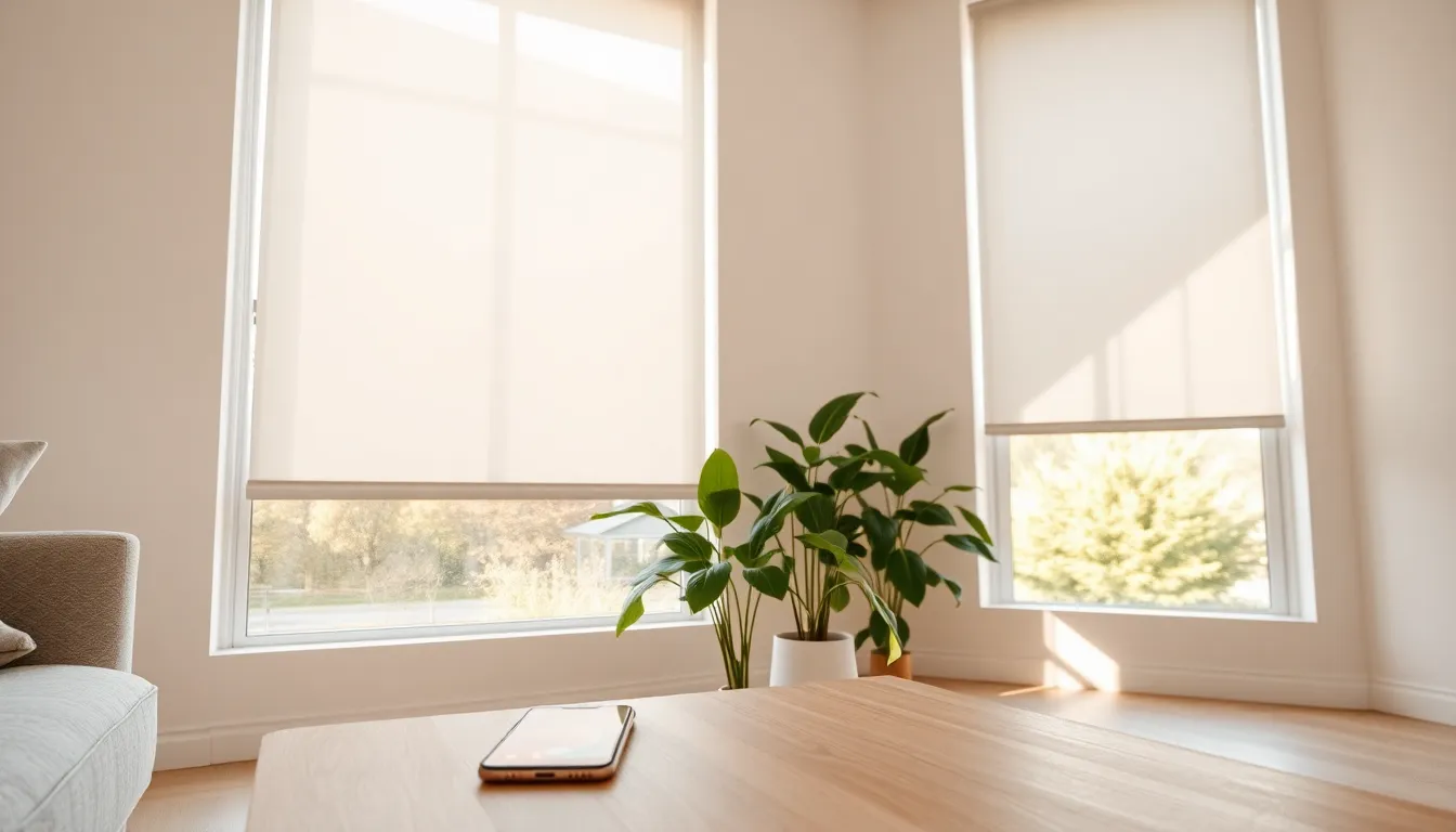 modern living room with smart blinds partially opened to let in sunlight.