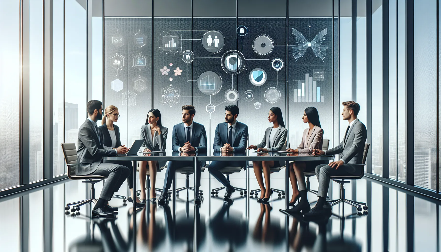 diverse team discussing technology in a modern office.