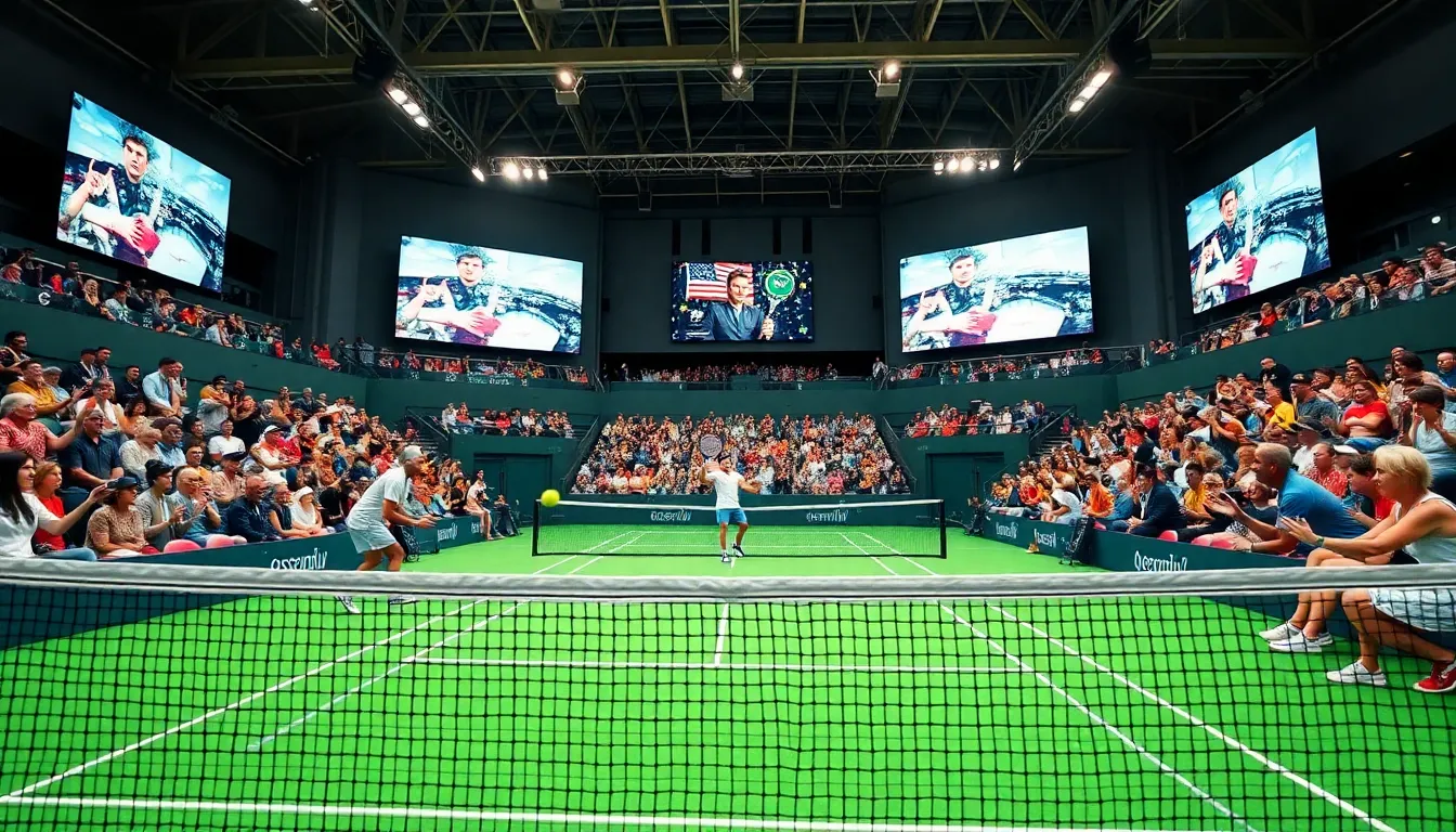 tennis players competing in a vibrant stadium during a major tournament.