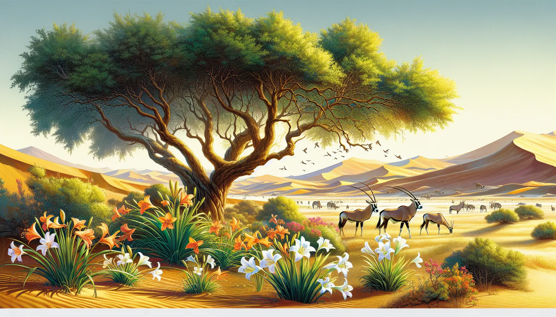 biodiverse landscape of Dubai Desert Conservation Reserve with flora and wildlife.