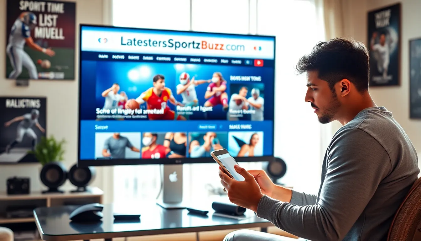 a sports fan browsing LatestSportsBuzz.com on a computer in a home office.