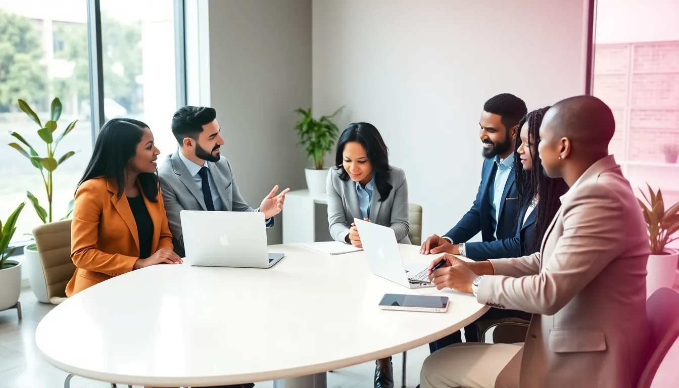 diverse professionals collaborating in a modern office setting.