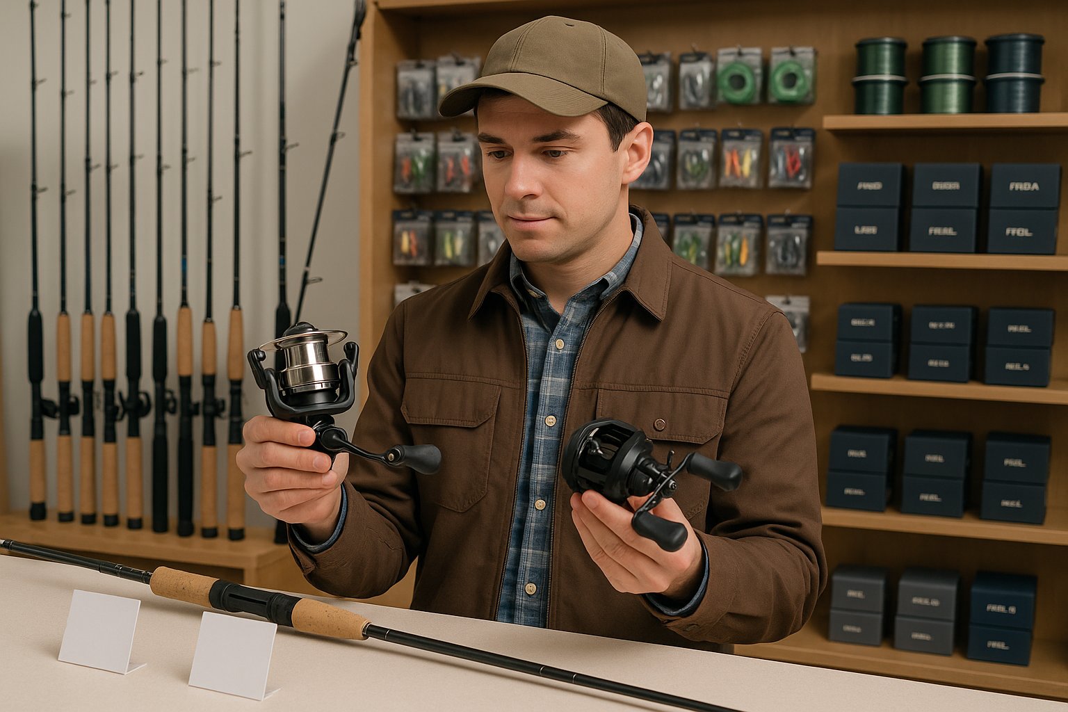 Beginner angler comparing fishing reels in a modern tackle shop.