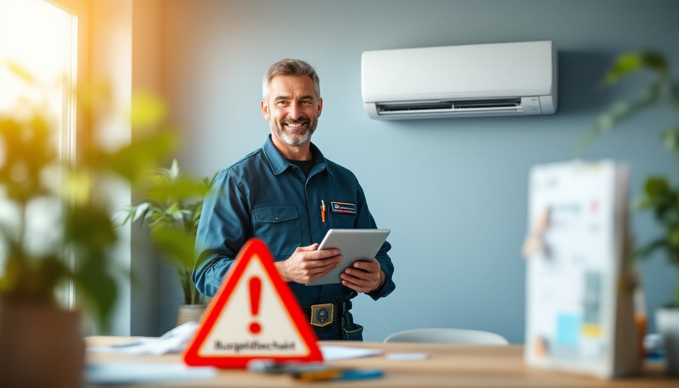 A certified technician installing a split air conditioner with a penalty notice in the foreground.
