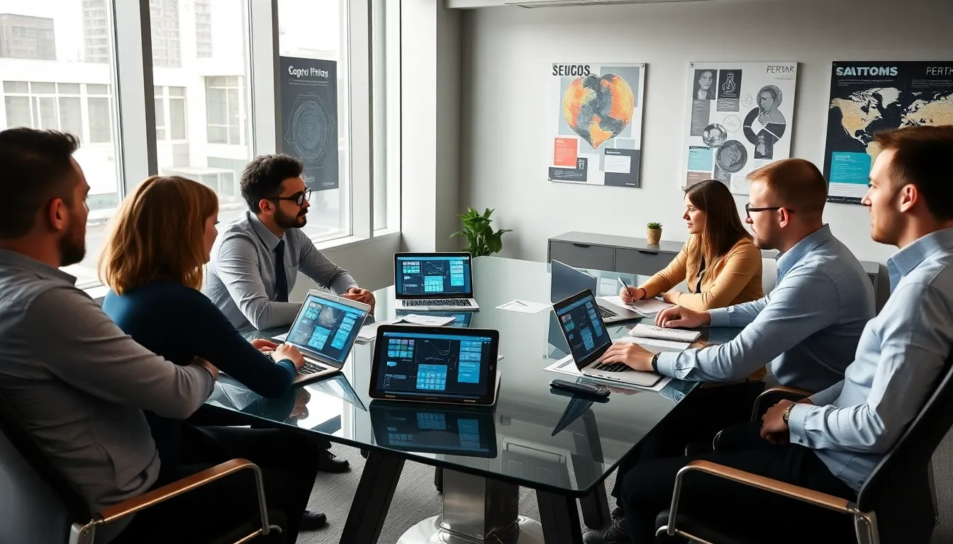 diverse web development team collaborating in a modern office.