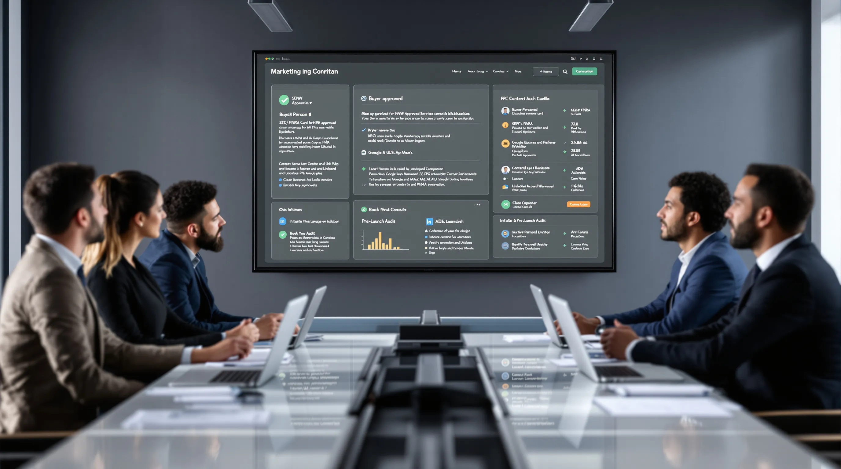 Diverse marketers review compliant financial services campaigns on a unified office dashboard.