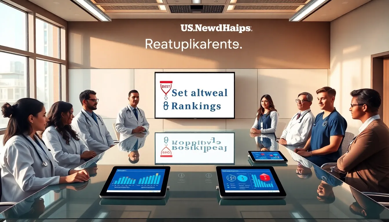 diverse healthcare professionals discussing hospital rankings in a modern boardroom.