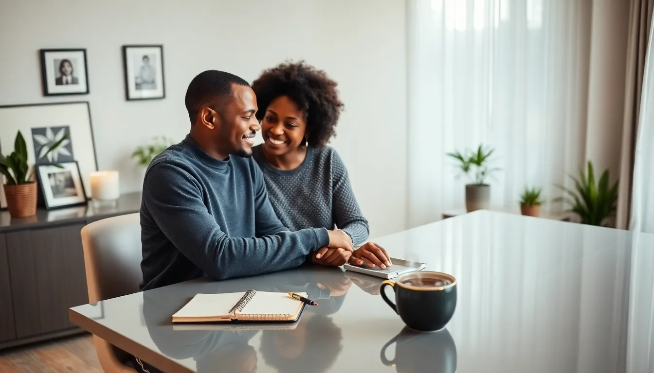 couple discussing relationship advice in a cozy modern setting.