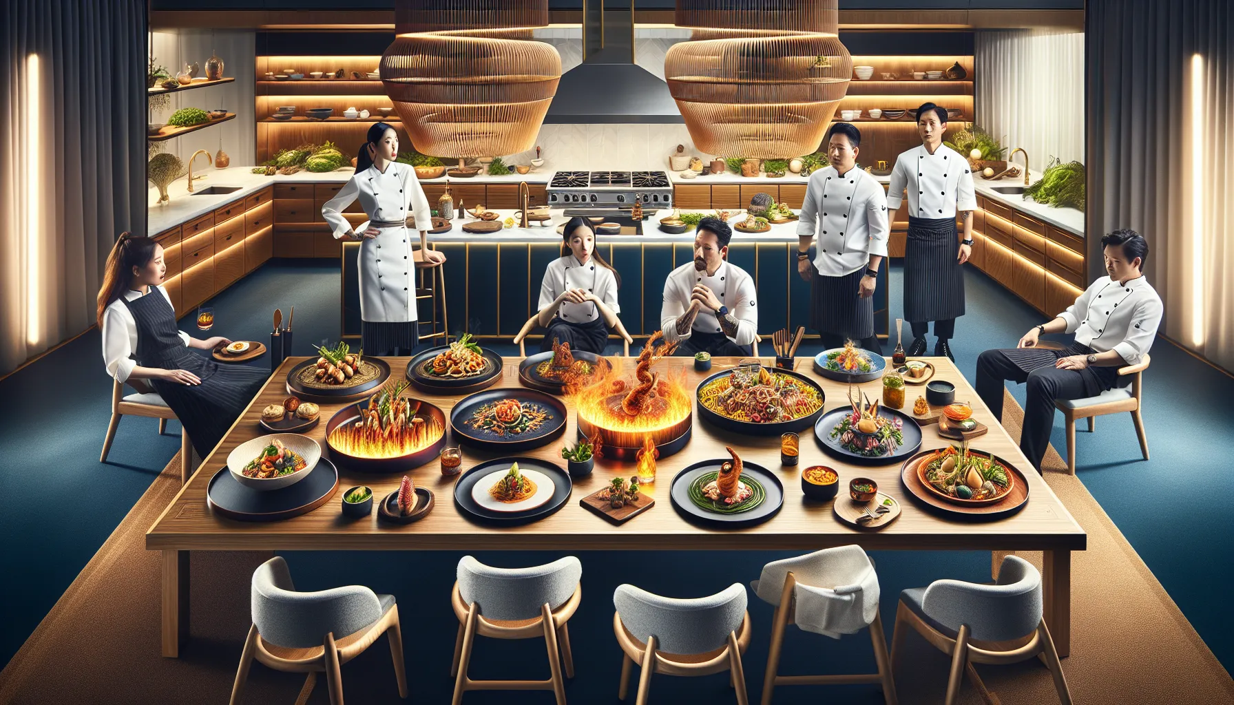diverse chefs discussing unique cuisine in a modern kitchen setting.