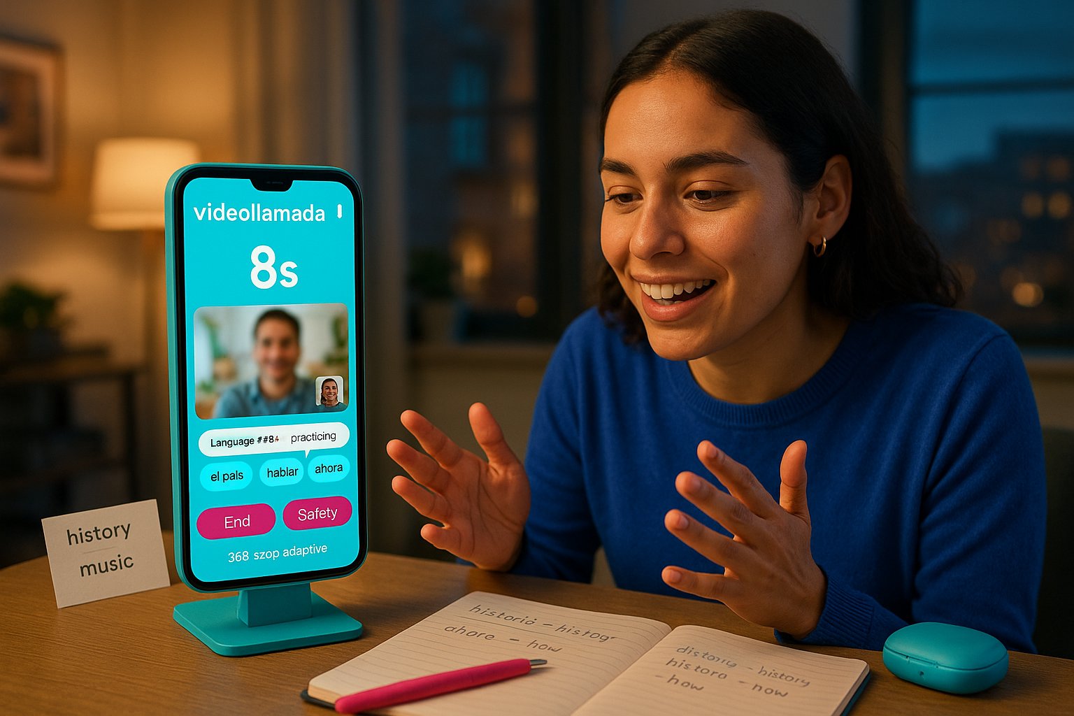 Young woman smiling during a videollamada on a branded phone interface.