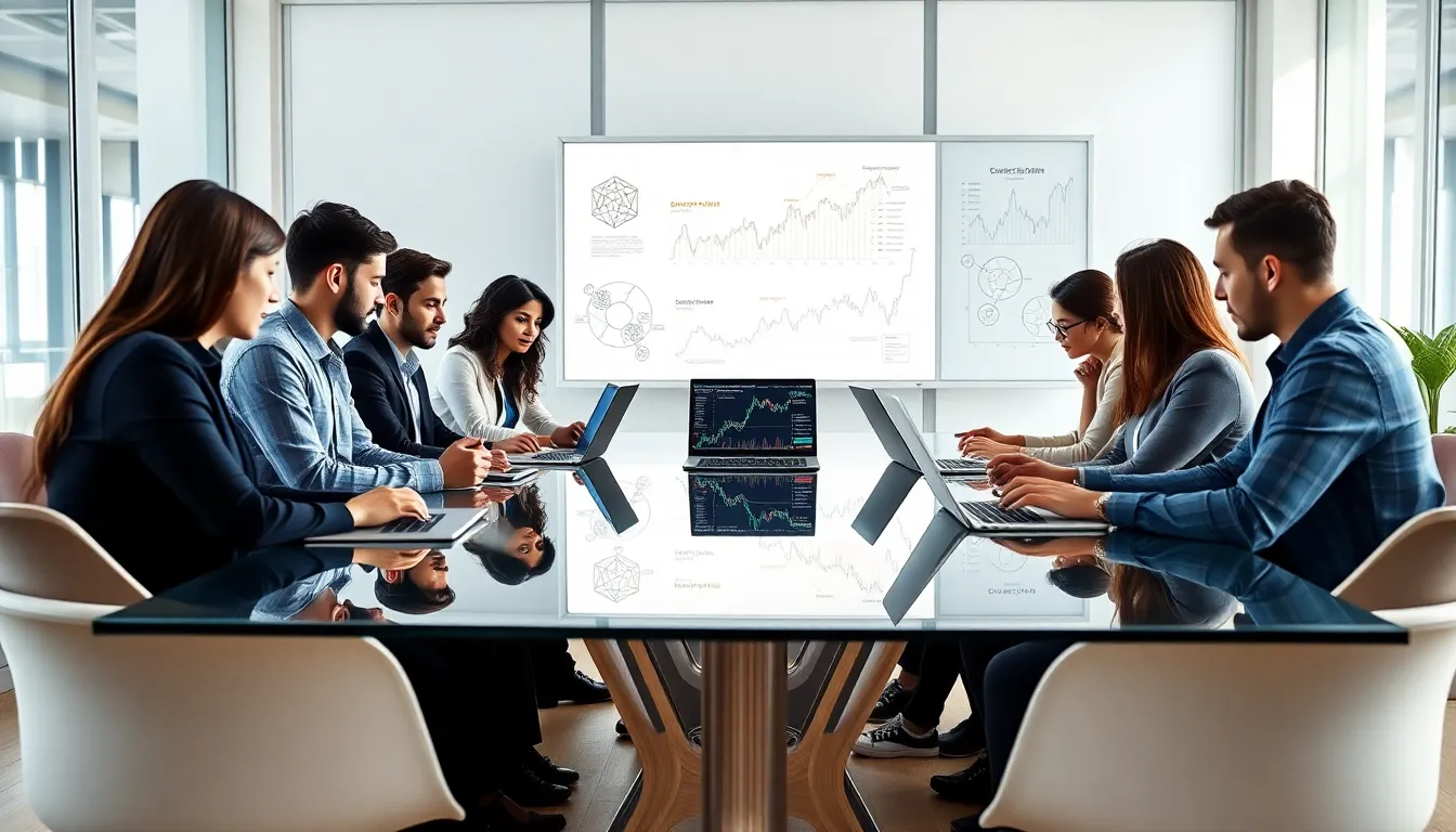 diverse team discussing cryptocurrency in a modern office.